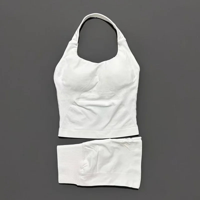 2 Pieces Impact Halter Top Strappy Bra Shorts Set Women Seamless Yoga Gym Leggings Set Running Fitness Sports Shorts Suit
