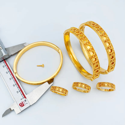 Gold Plated Hollow Jewellery Set with Bangles and Rings for Women – Elegant Gift for Parties & Special Occasions