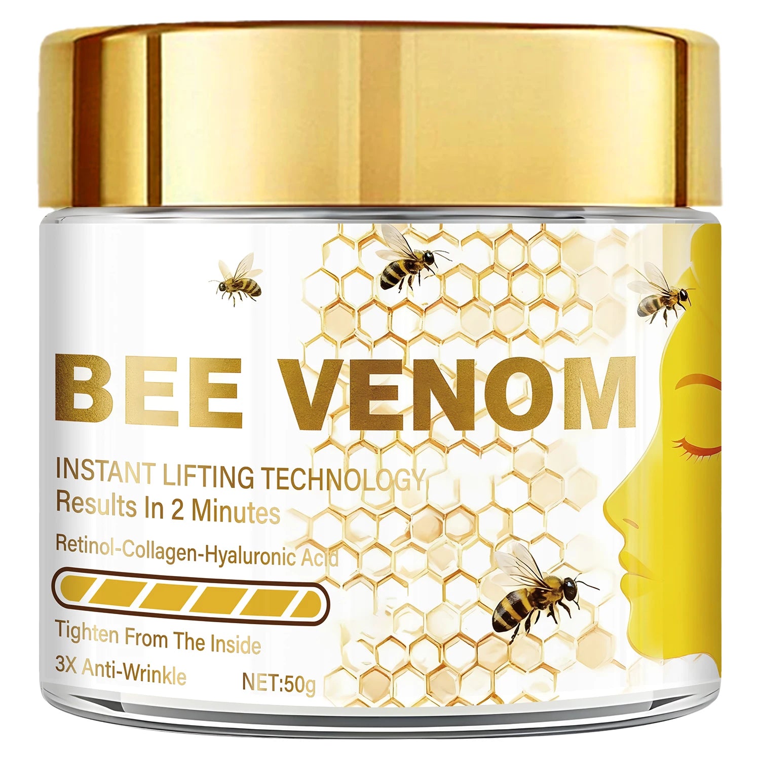 Bee venom instant lifting face cream, containing retinol and collagen, deeply penetrates, tightens and moisturizes