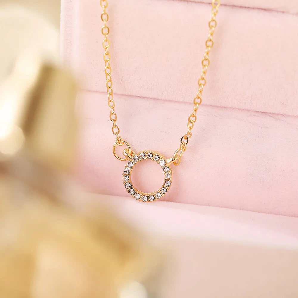Elegant Gold Circle Crystal Pendant Necklace for Women – Minimalist Party Jewellery Gift