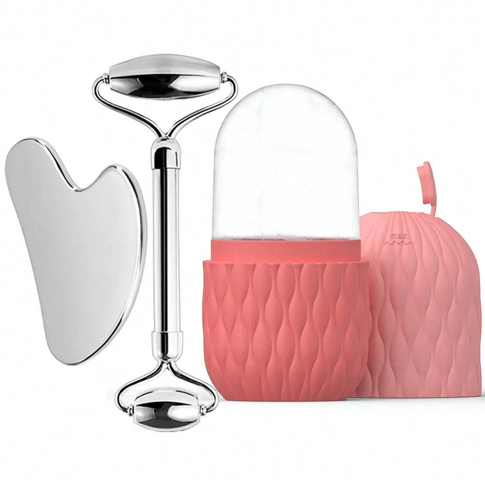 Ice Face Roller & Gua Sha Set – Stainless Steel Facial Massager for Lifting & Contouring