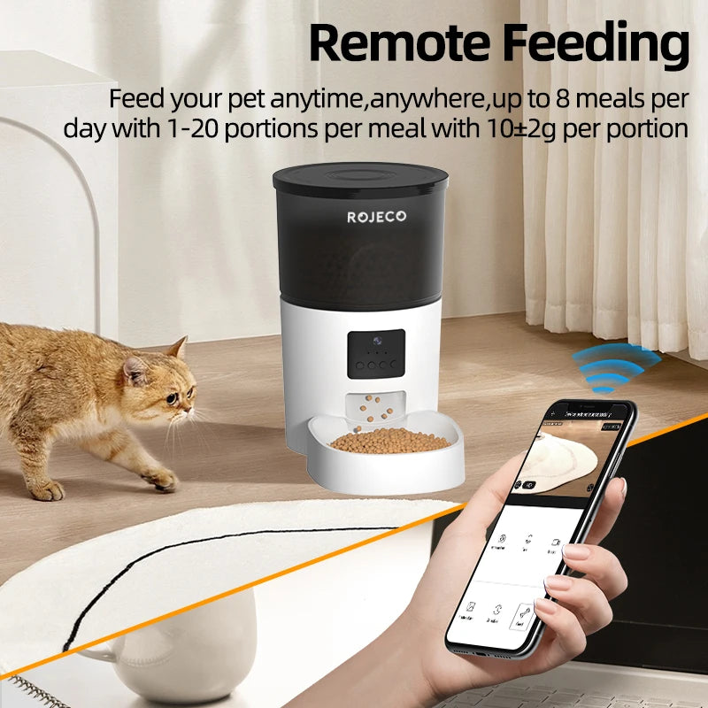 ROJECO Automatic Cat Feeder with Camera – Smart Video Food Dispenser & Voice Recorder for Cats & Dogs