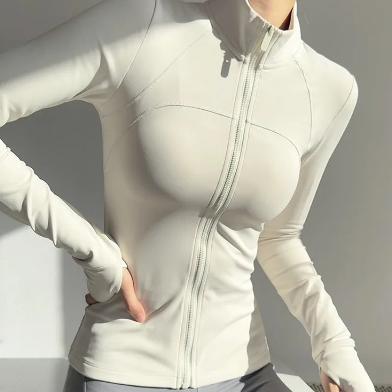 Women’s Zip-Up Long Sleeve Sports Jacket with Pockets – Quick Dry Yoga & Gym Top