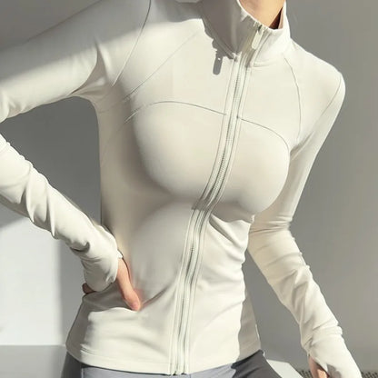 Women’s Zip-Up Long Sleeve Sports Jacket with Pockets – Quick Dry Yoga & Gym Top