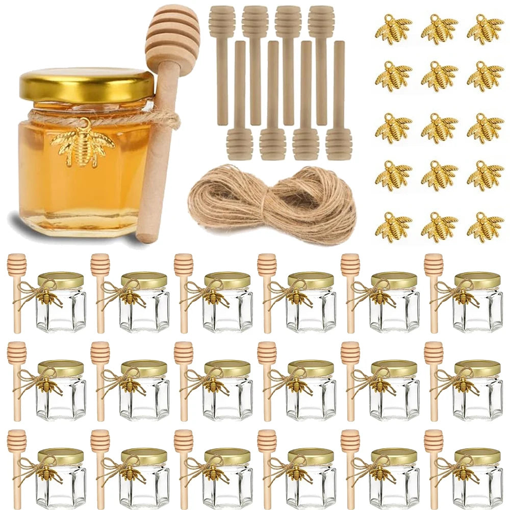 Hexagon Mini Honey Jars – Glass Jars with Dipper & Gold Lid