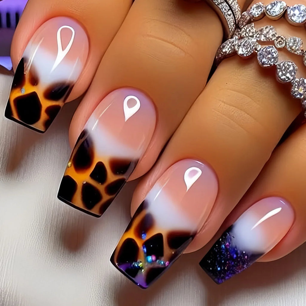 24pcs Medium Long Press-On Nails – Y2K Leopard Gradient Square Ballet Tips