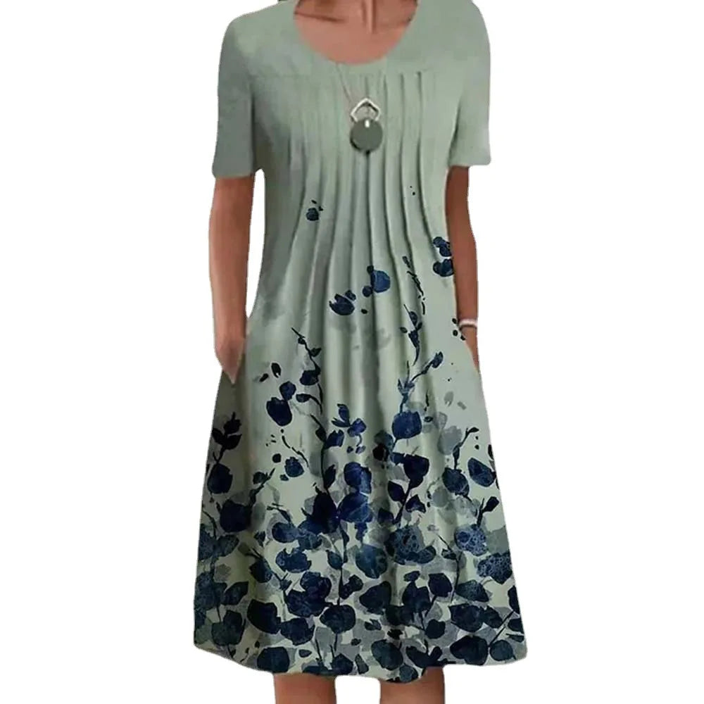 Summer Women’s Floral O-Neck Dress – Casual Knee-Length Short Sleeve A-Line Dress