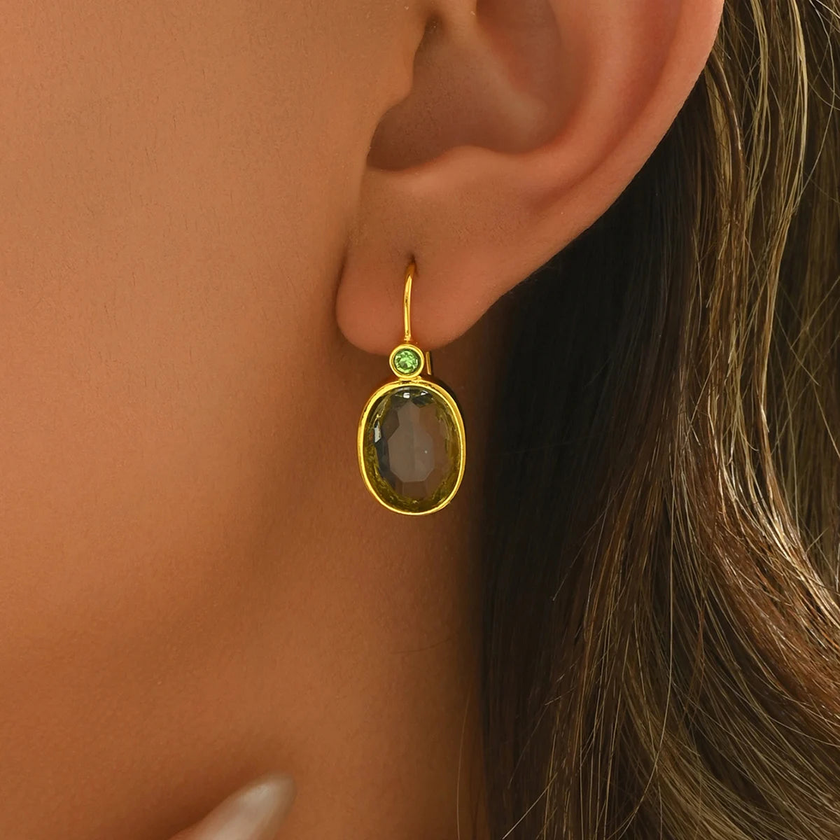 Gold Oval Green Stone Drop Earrings for Women – Stylish Gift & Custom Jewellery