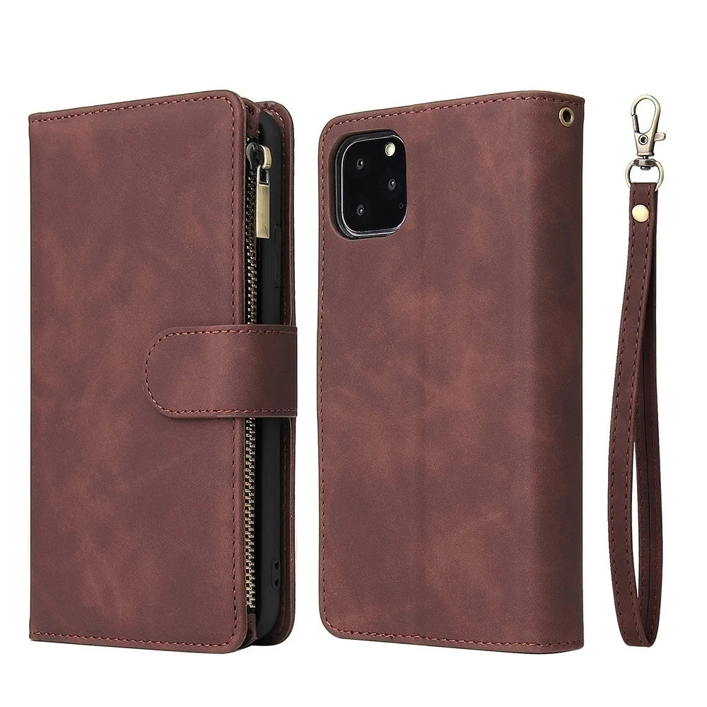 iPhone Leather Wallet Case – Magnetic Flip with Card Slots & Zipper