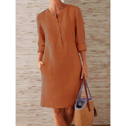 Women’s Cotton Linen Tunic Dress – Long Sleeve Knee-Length