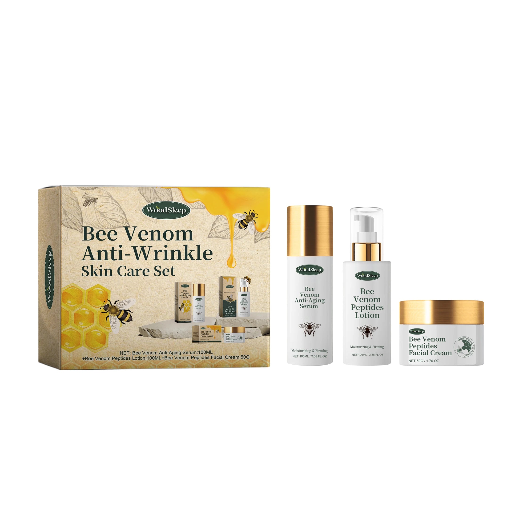 Bee Venom Anti-Wrinkle Skin Care Set Anti-Aging Serum Firming Lifting Peptides Lotion Deep Moisturizing Nourishing Facial Cream