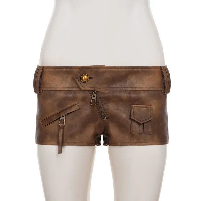 Street Style Spice Girls Fashion New Sexy Brown Pu Leather Super Shorts Women Low Waist Tight Hip Wrap Hot Pants