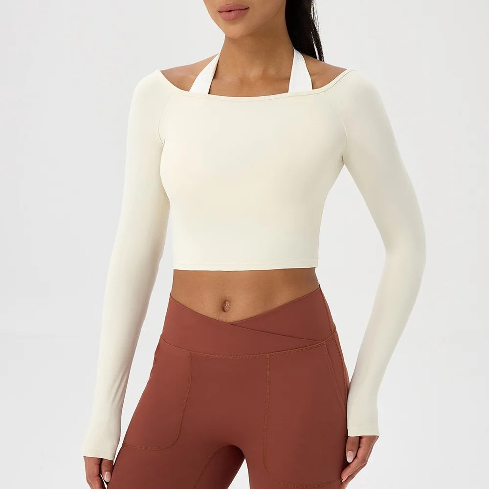 Women Sexy Off Shoulder Yoga Top Long Sleeve Gym Running Top Solid Quick-Dry Sport Workout Shirt