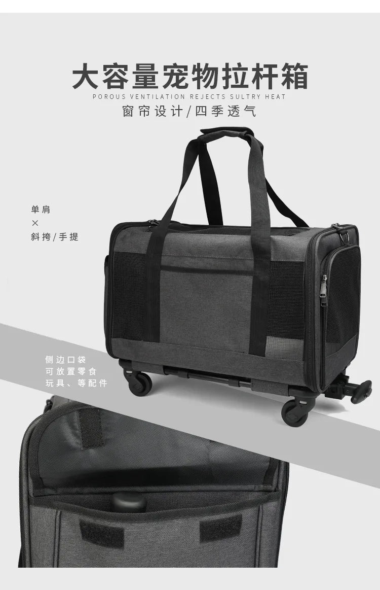 Silent Large Capacity Cat Bag Portable Foldable Pet Suitcase Universal Wheels Breathable Pet Travel Backpack