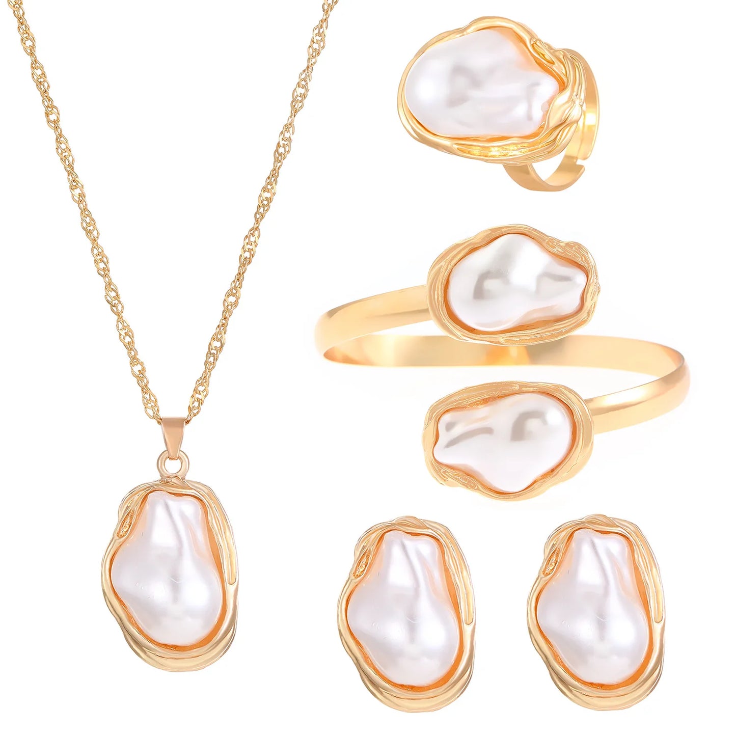 Trendy Baroque Pearl Necklace, Bracelet & Ring Set – Wedding & Party Jewellery for Women