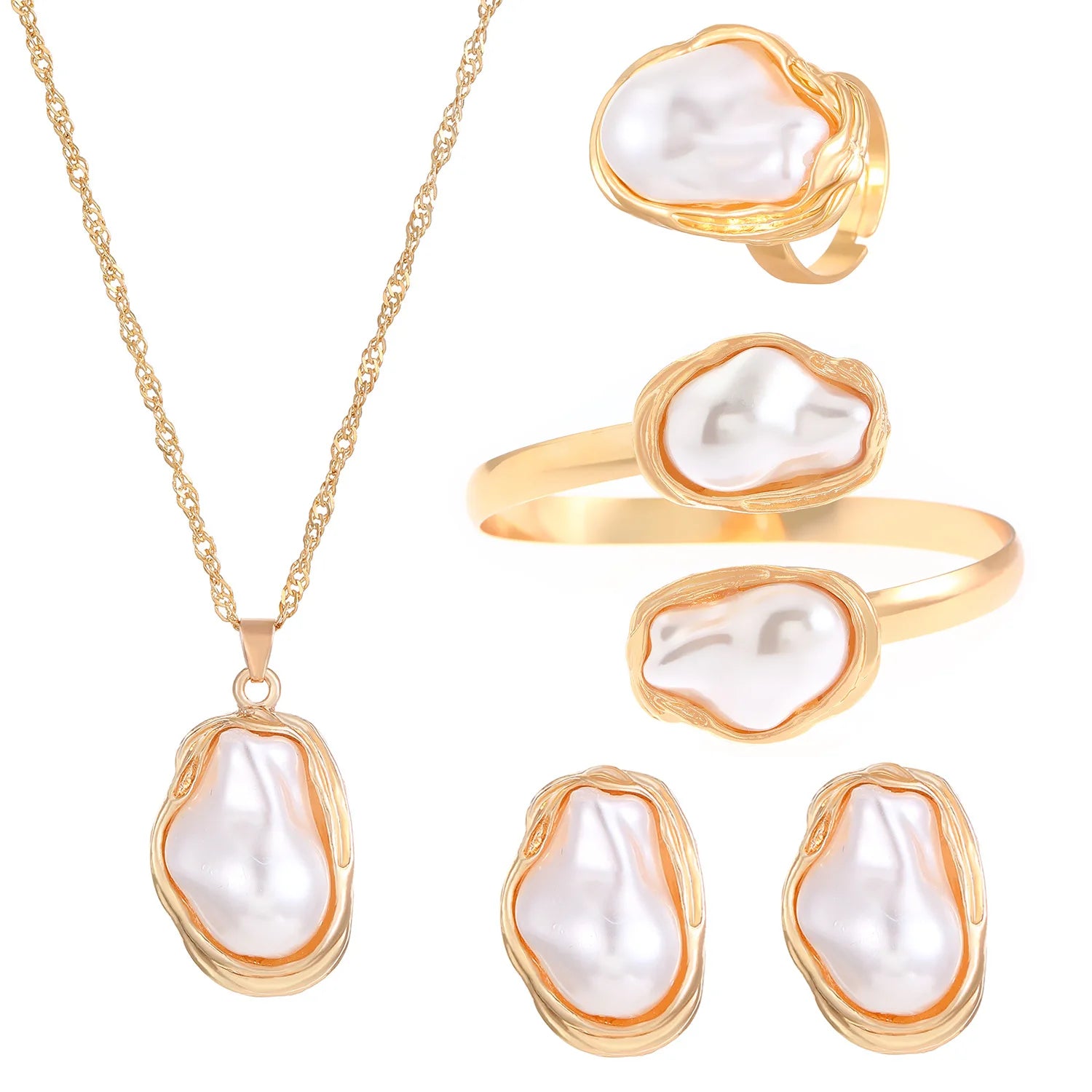 Trendy Baroque Pearl Necklace, Bracelet & Ring Set – Wedding & Party Jewellery for Women