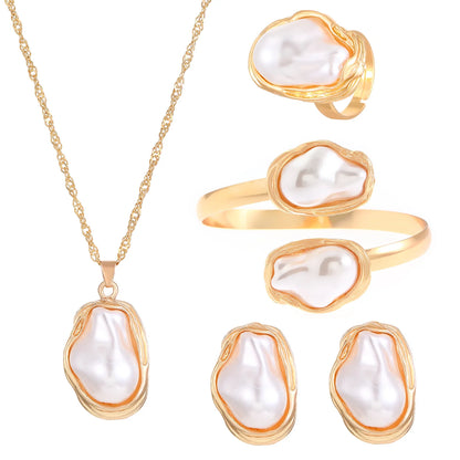 Trendy Baroque Pearl Necklace, Bracelet & Ring Set – Wedding & Party Jewellery for Women