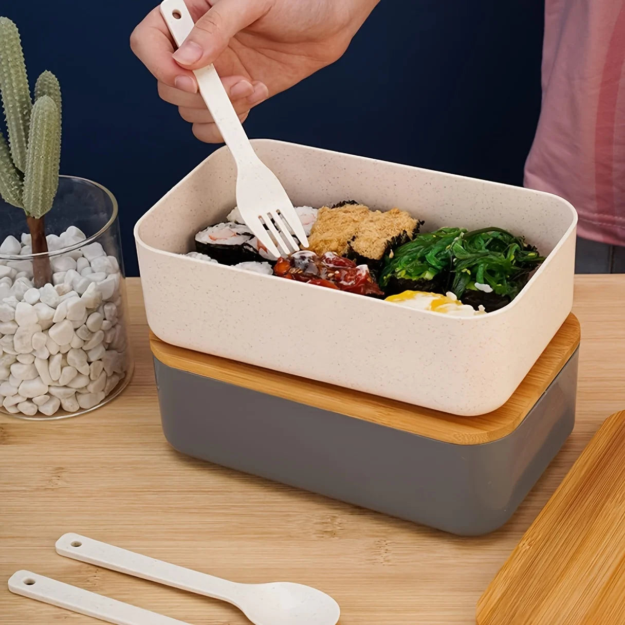 Bamboo Lid Lunch Box And A Set Of Knives, Forks And Spoons Sealed Lunch Box Salad Suitable For Work,School,Camping