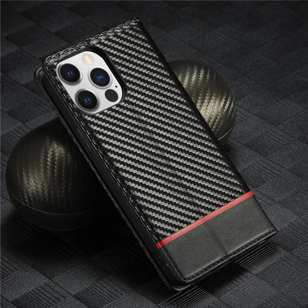 Carbon Fibre PU Leather Wallet Flip Case for iPhone with Card Slot & Magnetic Cover