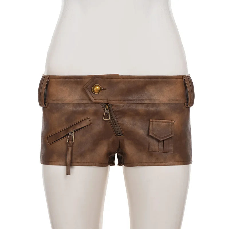 Street Style Spice Girls Fashion New Sexy Brown Pu Leather Super Shorts Women Low Waist Tight Hip Wrap Hot Pants