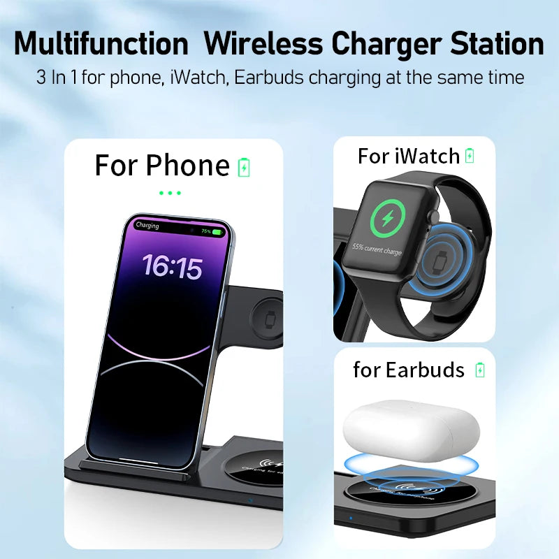 300W Foldable Wireless Charger Stand – 3 in 1 Fast Charging Dock