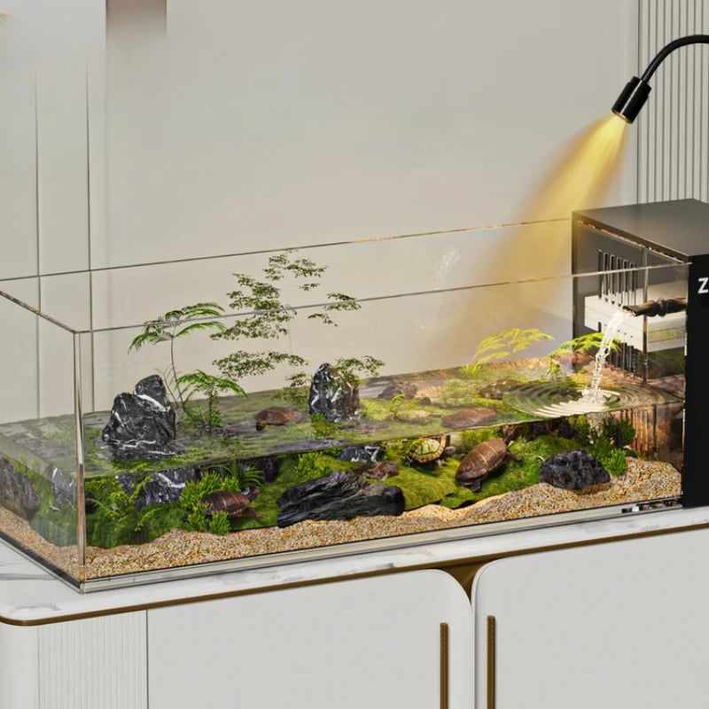 ‌Turtle Aquarium Tank - Fish & Turtle Hybrid Habitat with Stream Landscape, Luxury Villa Ecosystem for Home/Office