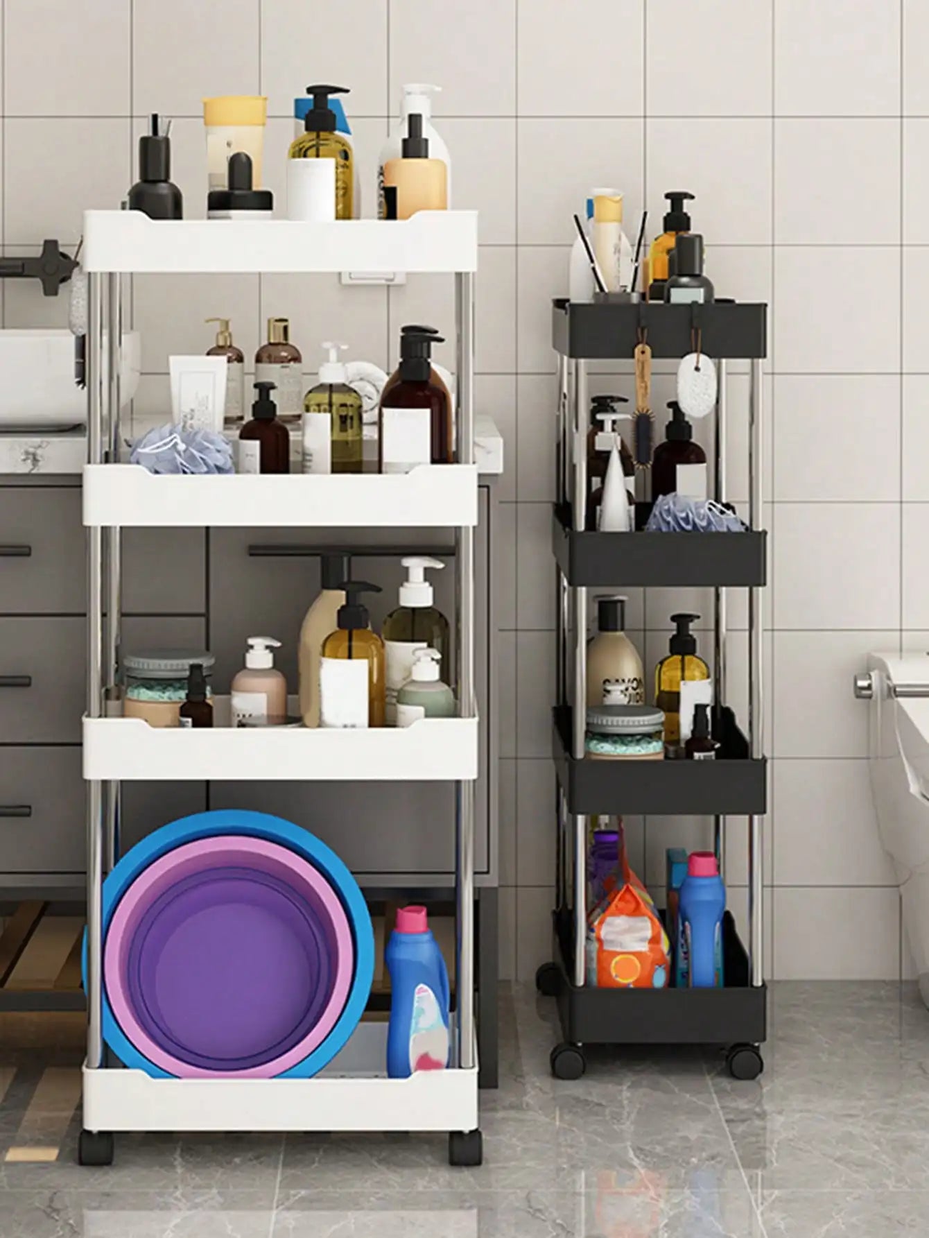 3/4 Tier Rolling Utility Cart Slim Storage Organizer Movable Gap Shelf for Kitchen Bathroom Living Room