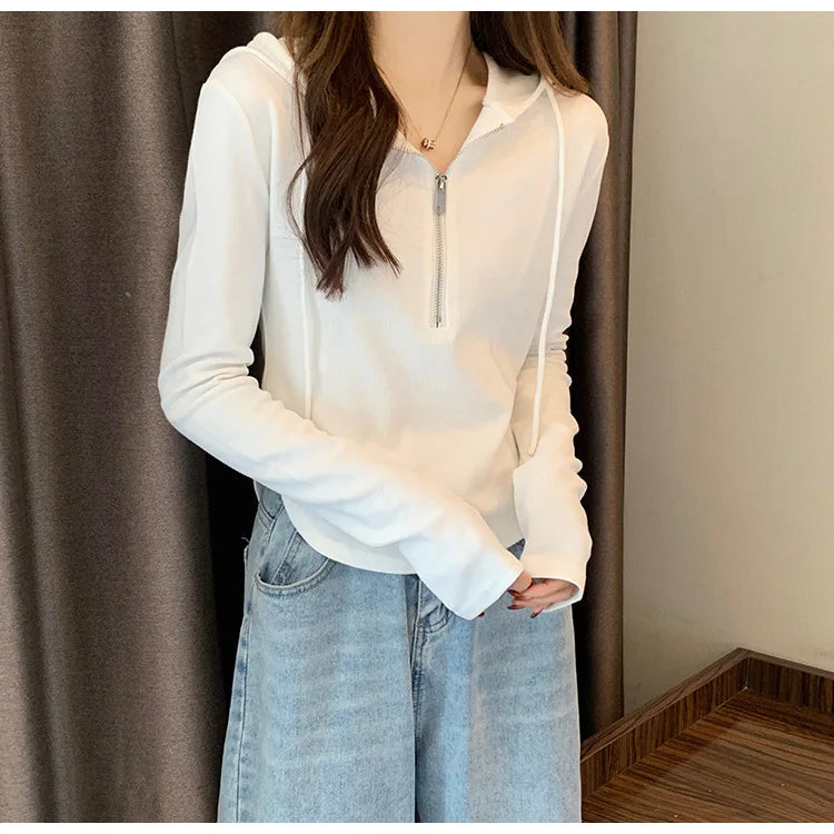 Sweatshirt Design Niche Spring Summer Short Zipper Top Slimming Thin Long-sleeved Hooded Fashion Women's Clothing
