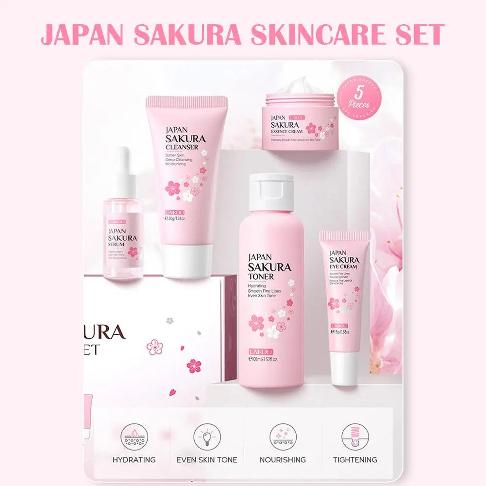 Cherry Blossom Travel Skin Care Set – Cleanser, Serum, Eye & Face Cream, Sunscreen