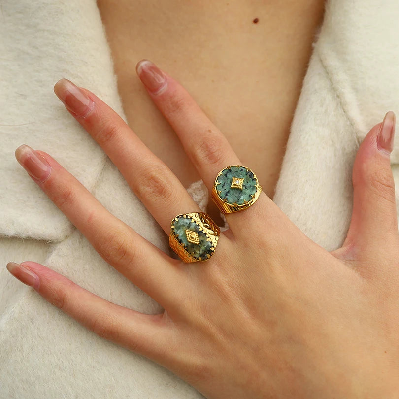 Trendy Women’s Wide Stainless Steel Stone Ring – Bohemian Vintage Style