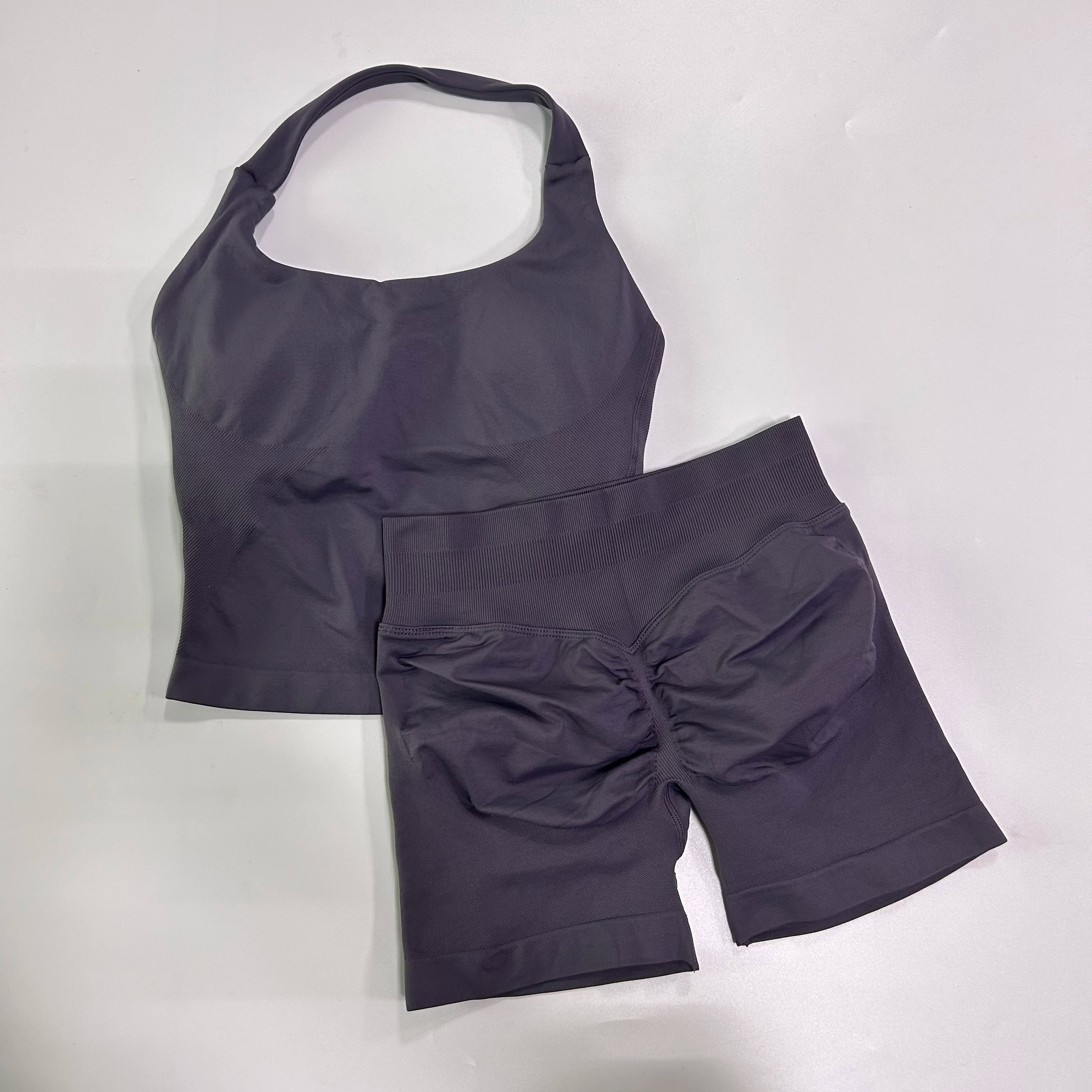 No Logo 2 Pieces Gym Set Women Backless Halter Tops High Waist Seamless Shorts Gym Suit Fitness Clothes Sportswear Workout Sets