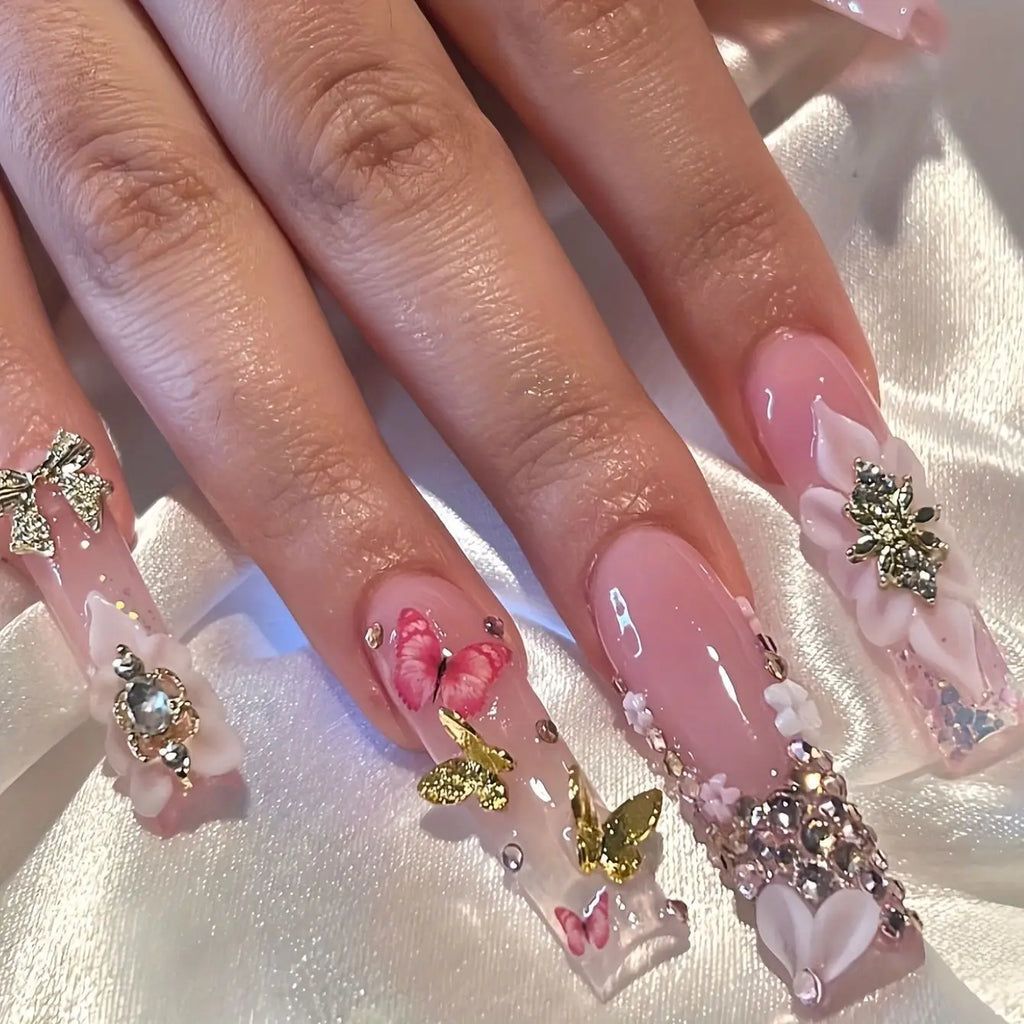 24pcs Long Square Press-On Nails – Leopard French Design with 3D Cherry & Rhinestones