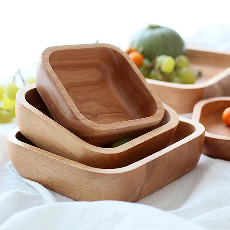 Square Wooden Bowl Fruit Salad Snack Dessert Serving Bowl Solid Wood Tableware