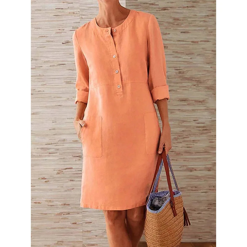 Women’s Cotton Linen Tunic Dress – Long Sleeve Knee-Length