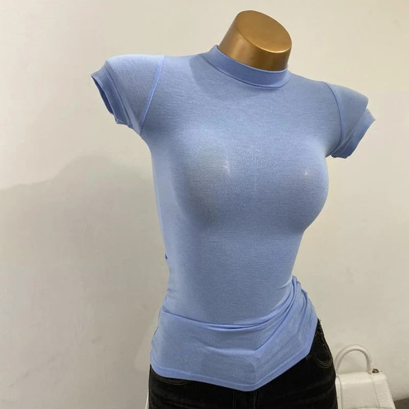 Women Korean Half Turtleneck Short Sleeve Slim Fit T-Shirt Stretch Bodycon Solid Basic Inner Layer Sexy Summer Top