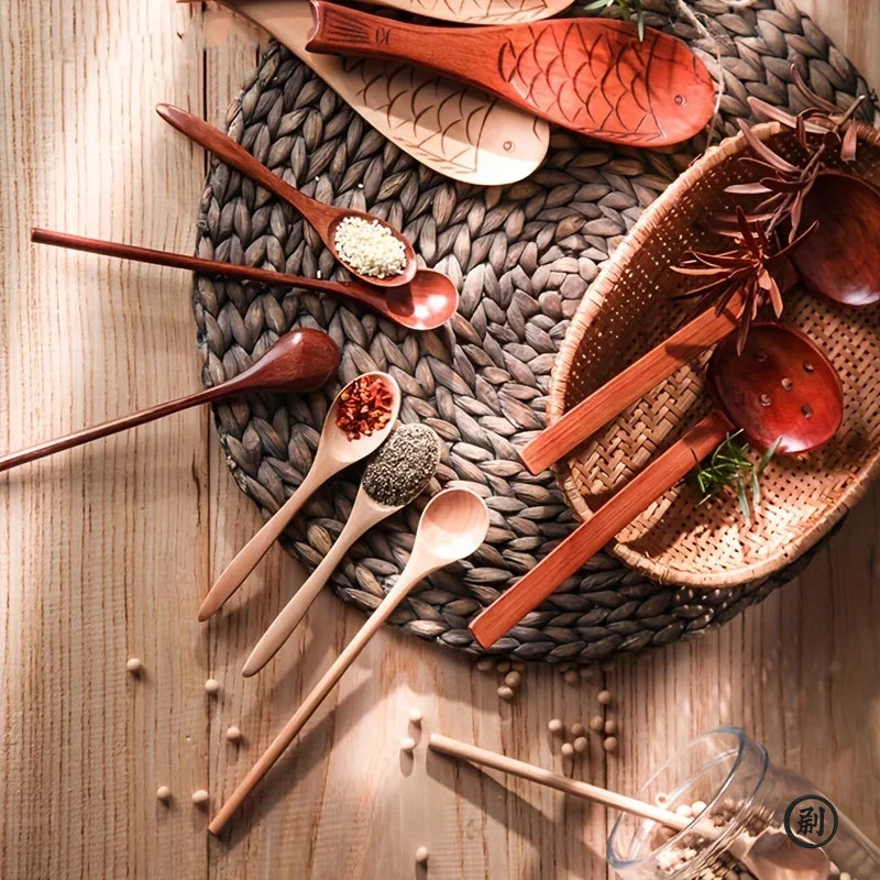 6PCS Wooden Tea Spoon Set Long Coffee Stirrer Honey Dessert Teaspoons Natural Wood Tableware