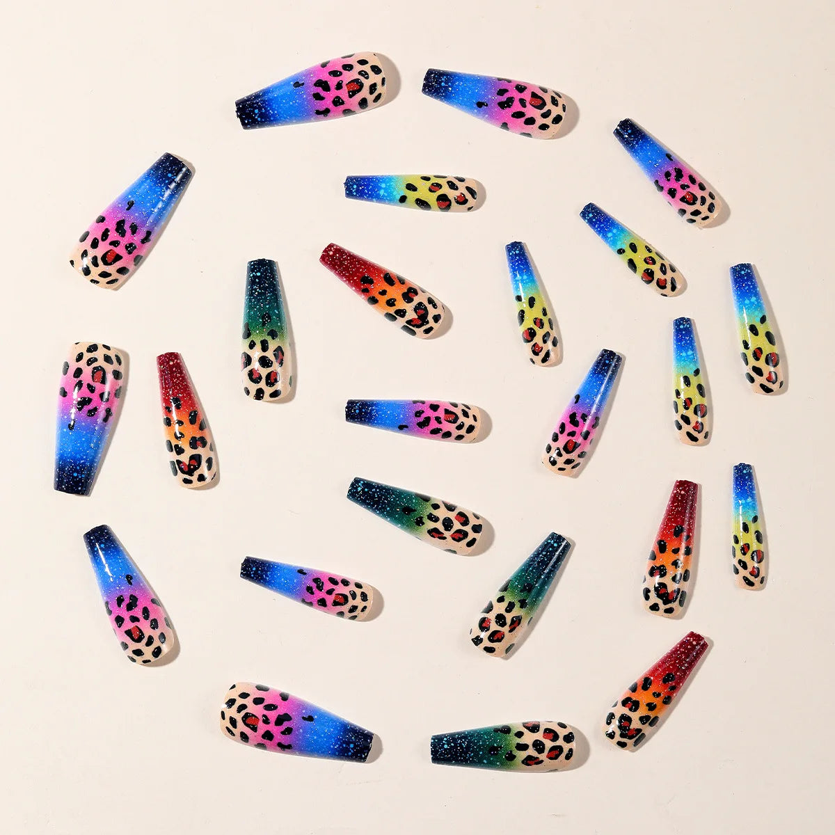 24pcs Medium Long Press-On Nails – Y2K Leopard Gradient Square Ballet Tips