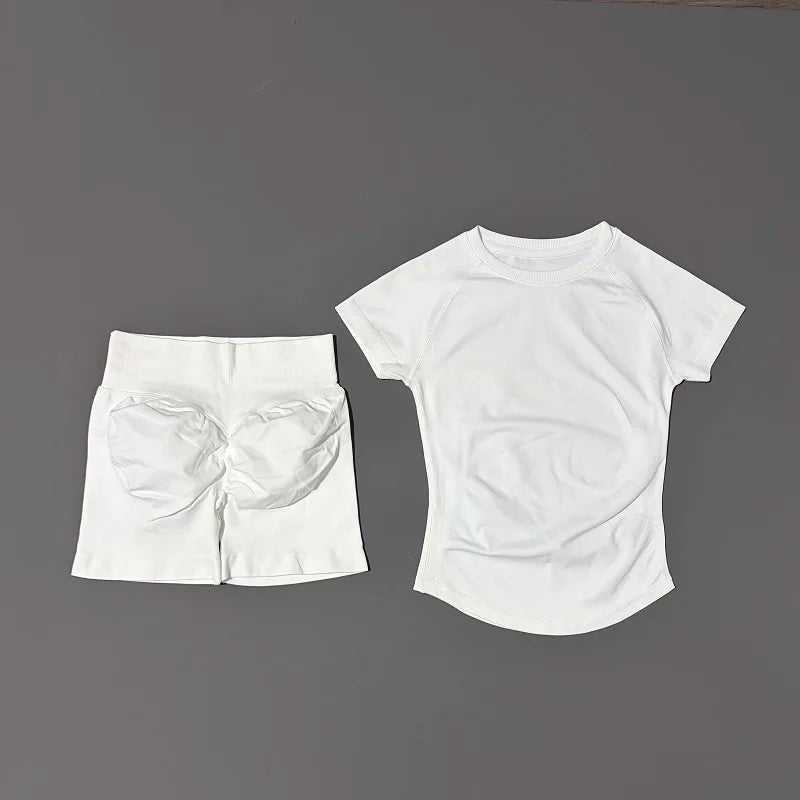 2 Pcs HISTELLO Impact Sports Sets Short Sleeve Seamless Yoga Top Fitness Set Women Workout Running Sports Shorts Gym Suit