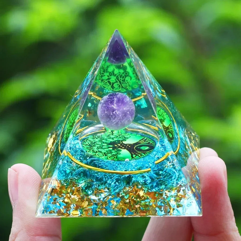 Energy Pyramid Orgonite Reiki Natural Amethyst Peridot Reiki Chakra Meditation Tool Room Decor Crystal Gifts Pyramid