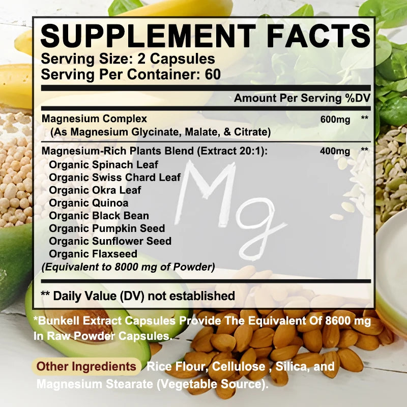 Triple High-efficiency Elemental Magnesium Complex - Glycine, Malic Acid and Magnesium Citrate, Muscle Relaxation, Immunity