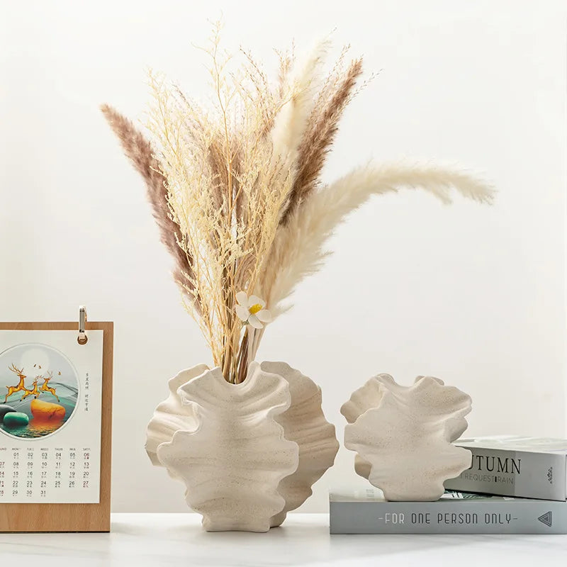Ceramic Flower Vase Geometric Wavy Petal Design Porcelain Vase Home Decor