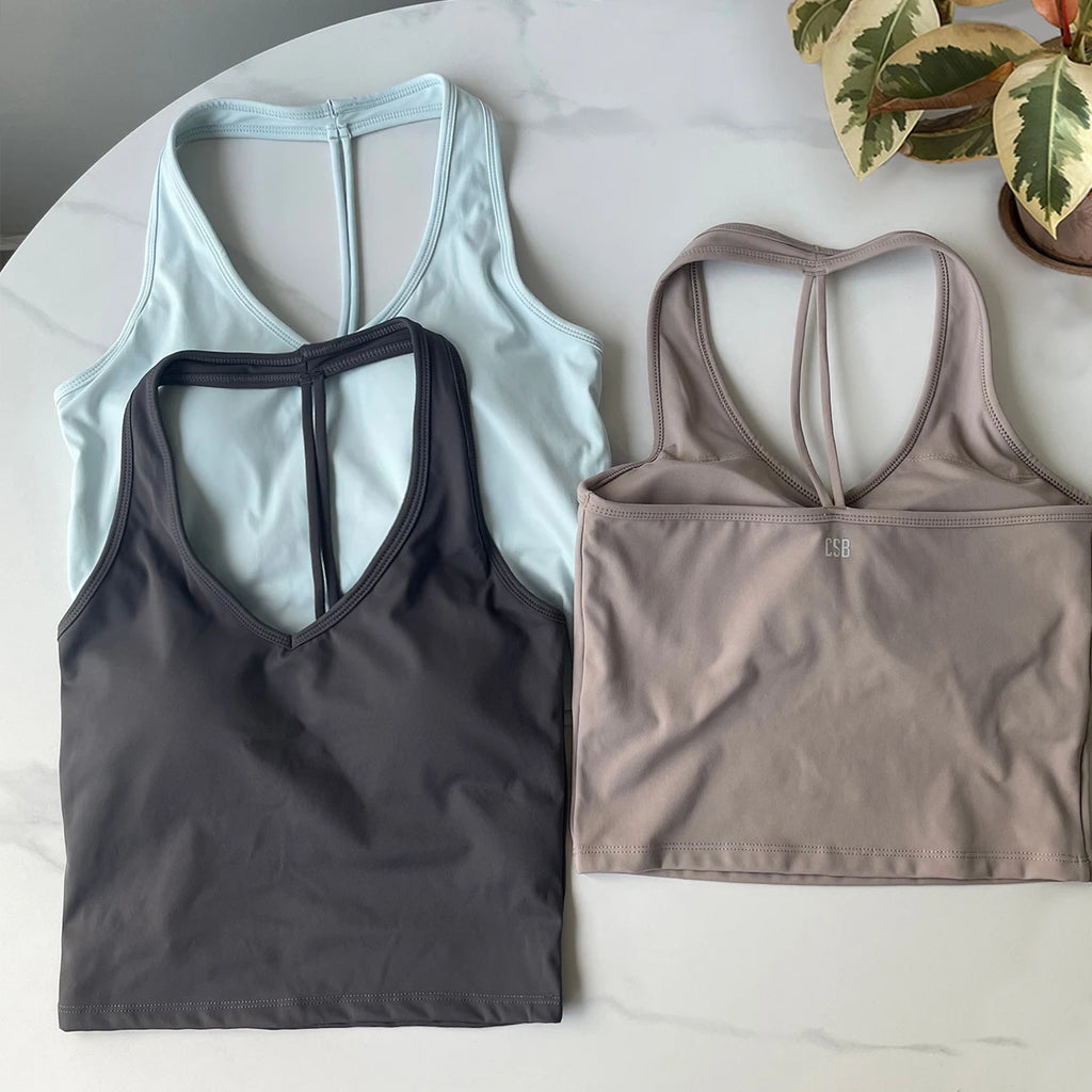 CSB backless halter neck vest & Scrunch Shorts   Gym Vest woman  Cropped Top Yoga Tank Top Self-Padded High Stretch Top