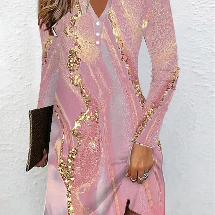 Elegant Pink V-Neck Buttoned A-Line Dress for Women – Summer Office & Outdoor Wear