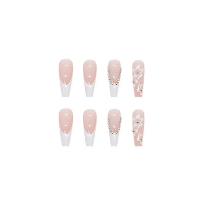 24pcs Long Coffin French Ballerina False Nails with Glue – Full Cover Press-On Tips