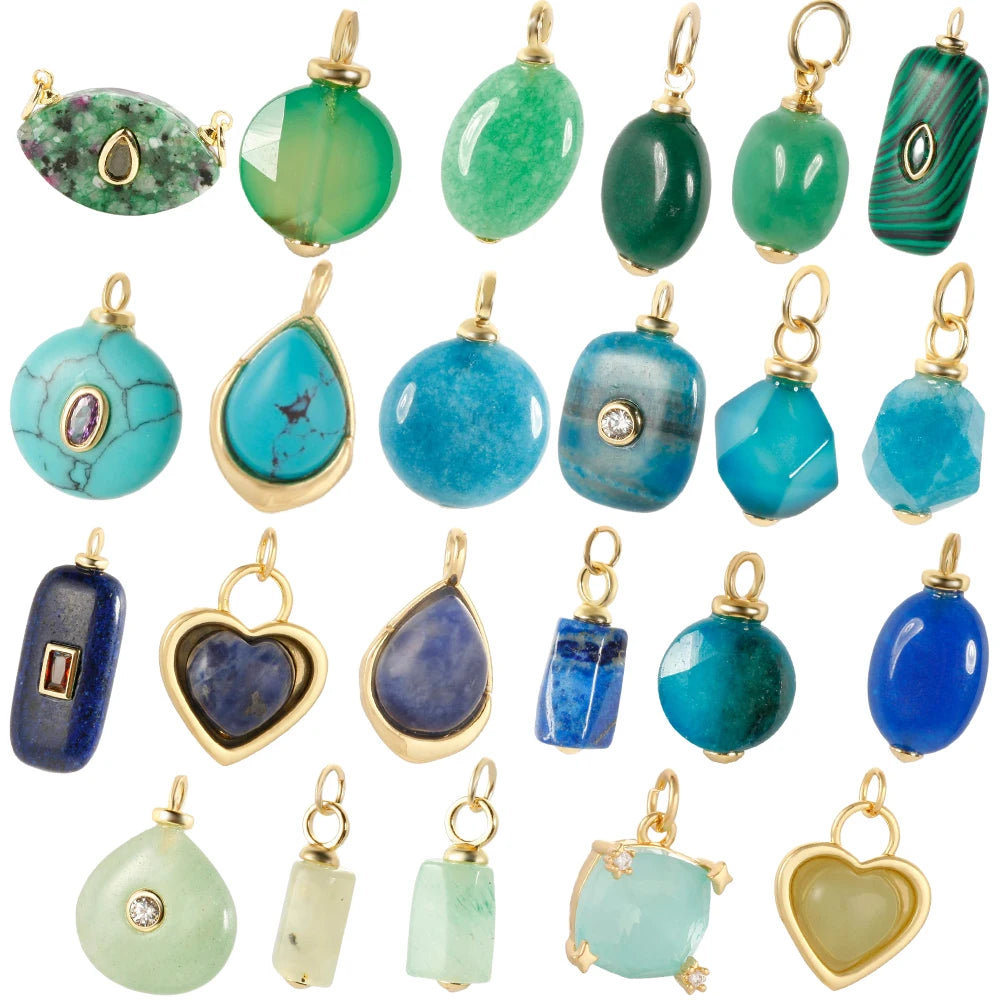 Bohemian Natural Stone Bead Charms for DIY Jewellery Making – Blue & Green Zircon Pendants