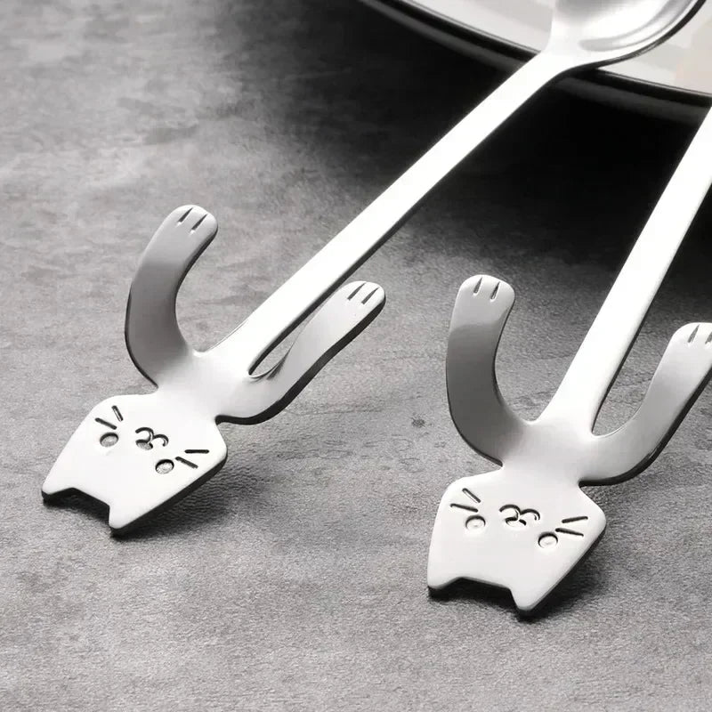 Cute Cat Shaped Stainless Steel Coffee Spoon Mini Dessert Ice Cream Teaspoon Kitchen Tableware