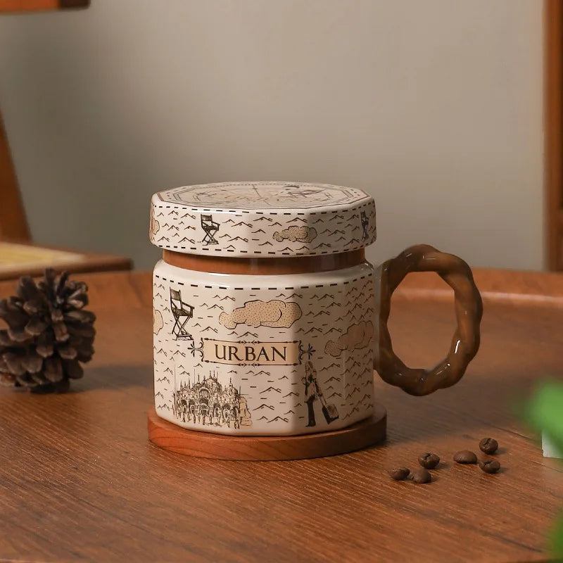 Retro Ceramic Coffee Mug with Lid – Vintage Style Luxury Drinking Cup