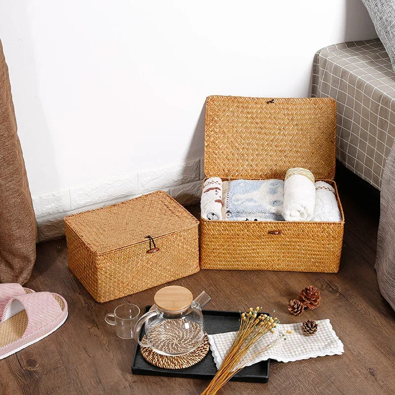 Handmade Seagrass Storage Box with Lid – Woven Basket Organizer