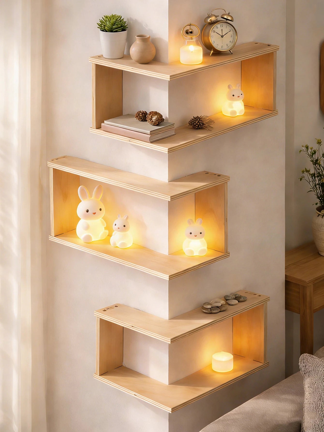 Corner Floating Wooden Shelf – Wall Mounted Storage for Plants & Decor