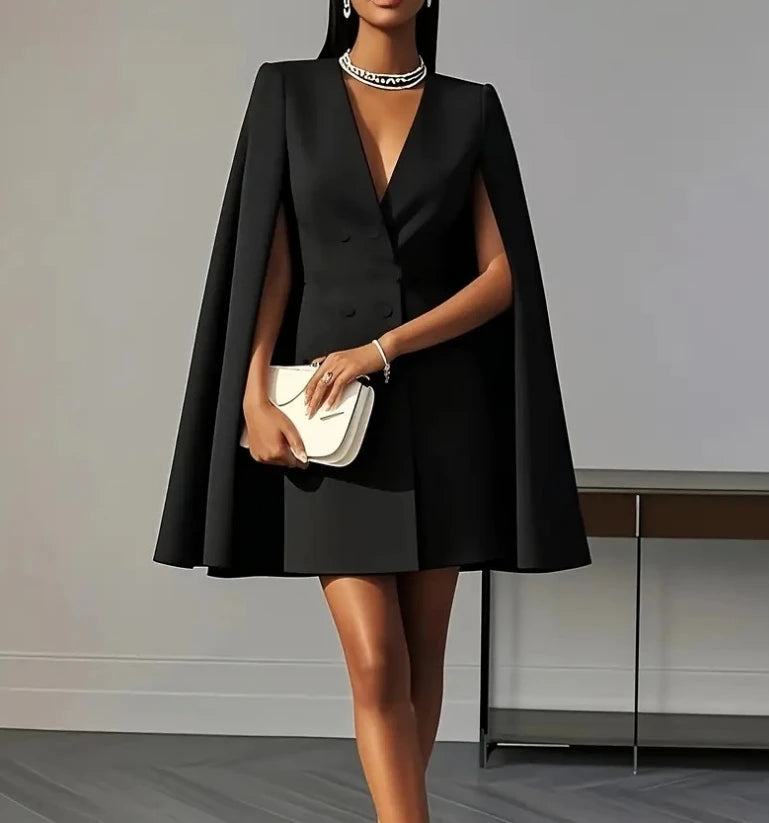 Elegant Autumn Women’s Double-Breasted Blazer Dress – A-Line Shawl Cape for Office & Commuting